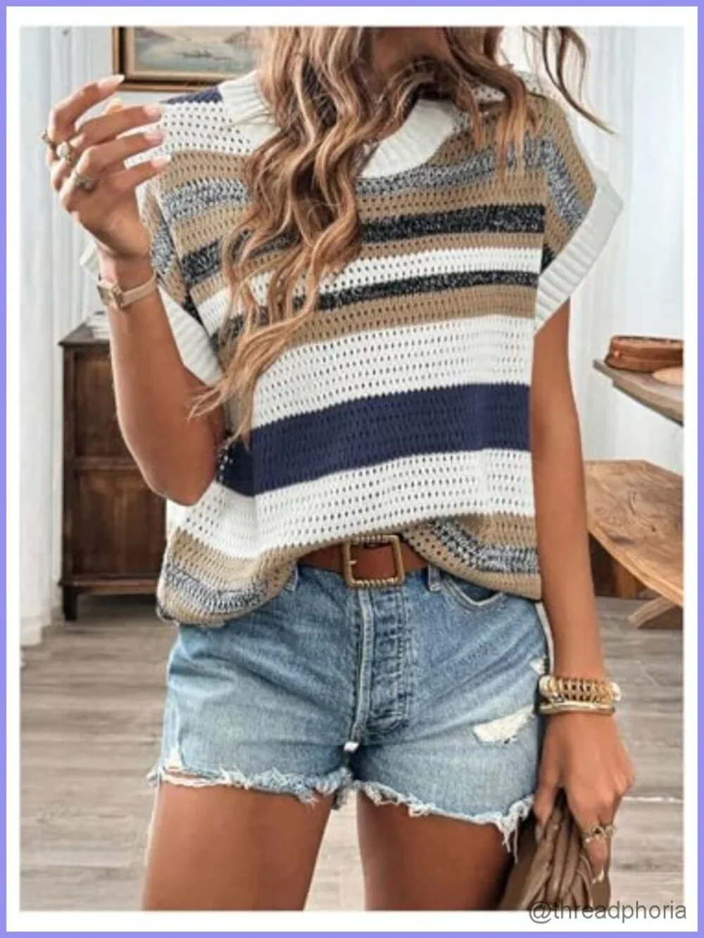Women's Striped Oversized Hollow Out Crochet Crew Neck Pullover Sweater